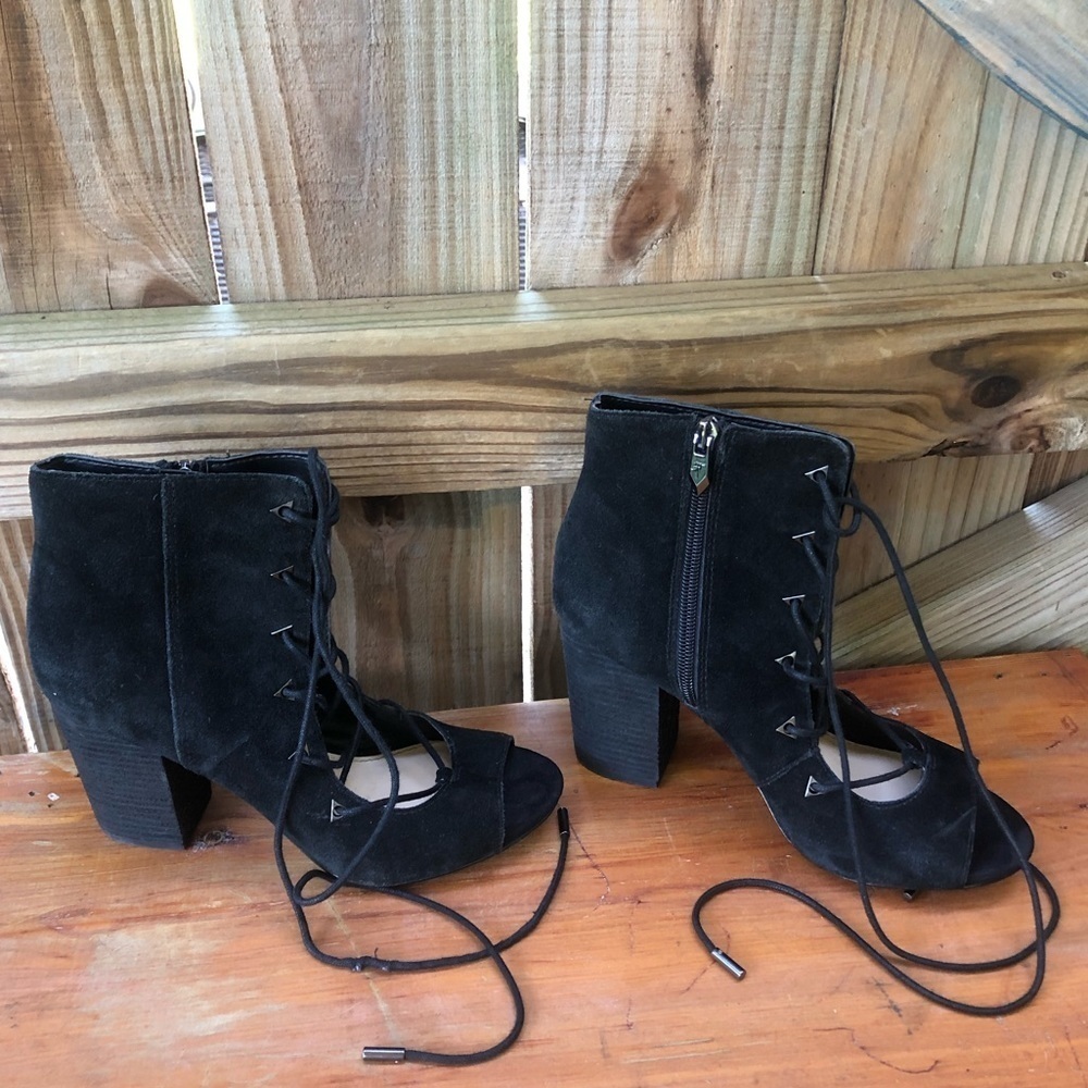 Fergie Black Suede Riviera Open Toe Lace-Up Stacked Heel Booties